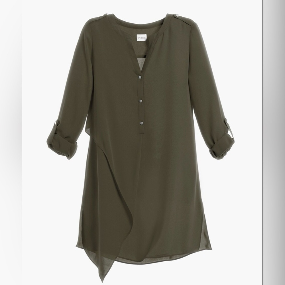 Chico’s women’s Modern Utility Tunic, army green, long sleeves, size 0 (XS)